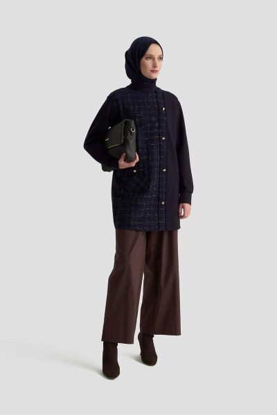 Armine 25KT415 Lacivert Kadın Dokuma Kumaş Gold Düğme Detaylı Fermuarlı Tunik