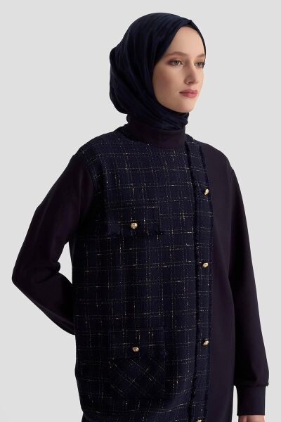 Armine 25KT415 Lacivert Kadın Dokuma Kumaş Gold Düğme Detaylı Fermuarlı Tunik