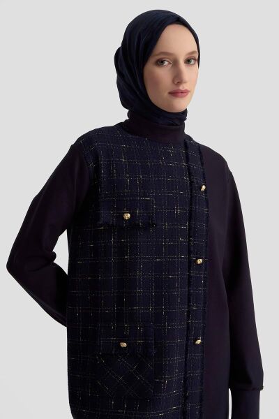 Armine 25KT415 Lacivert Kadın Dokuma Kumaş Gold Düğme Detaylı Fermuarlı Tunik