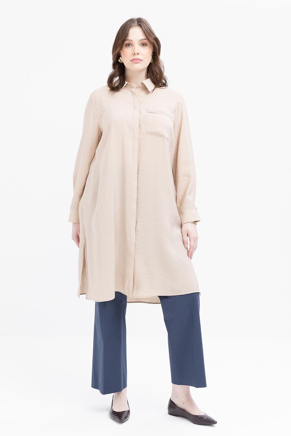 Allday S51318A9 Bej Kadın Şerit Dantel Detaylı Modal Gömlek Tunik