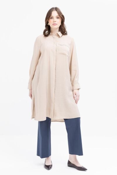 Allday S51318A9 Bej Kadın Şerit Dantel Detaylı Modal Gömlek Tunik