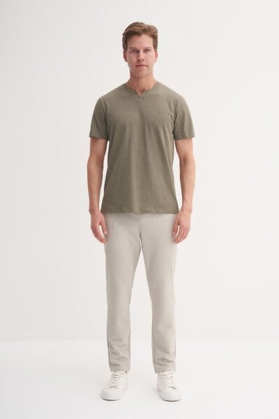 Cazador 25YCEEO04227 Haki Erkek V Yaka Patlı Slim Fit %100 Pamuk T-shirt