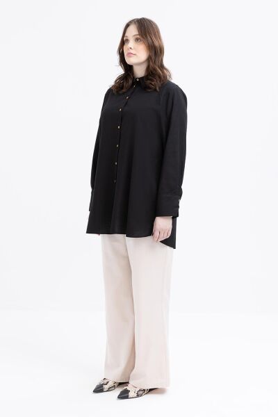Allday S51323A9 Siyah Kadın Manşei Yırtmaç Detaylı Keten Gömlek Tunik