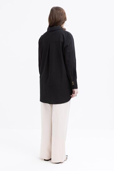 Allday S51323A9 Siyah Kadın Manşei Yırtmaç Detaylı Keten Gömlek Tunik