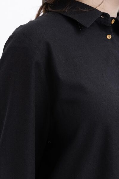 Allday S51323A9 Siyah Kadın Manşei Yırtmaç Detaylı Keten Gömlek Tunik