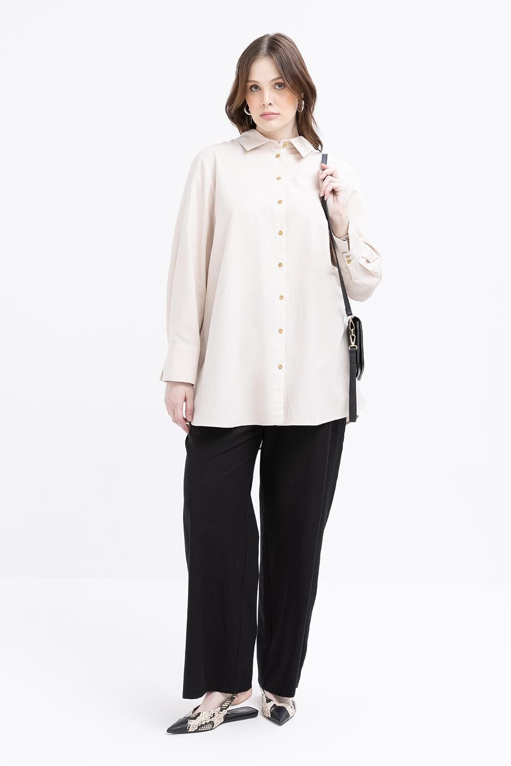 Allday S51323A9 Taş Kadın Manşei Yırtmaç Detaylı Keten Gömlek Tunik