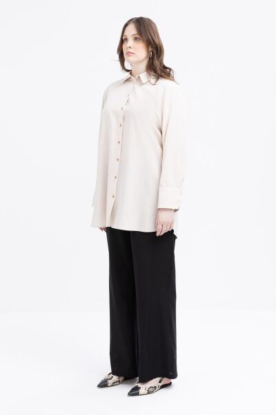 Allday S51323A9 Taş Kadın Manşei Yırtmaç Detaylı Keten Gömlek Tunik