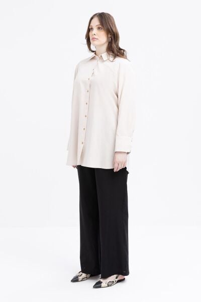 Allday S51323A9 Taş Kadın Manşei Yırtmaç Detaylı Keten Gömlek Tunik