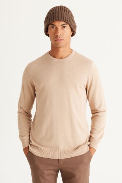 Altınyıldız 4A4924100061 Bej Melanj Erkek Standart Fit Basic Bisiklet Yaka Triko Kazak