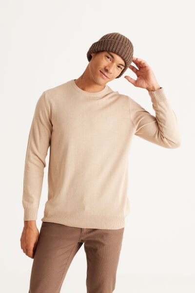 Altınyıldız 4A4924100061 Bej Melanj Erkek Standart Fit Basic Bisiklet Yaka Triko Kazak