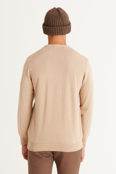 Altınyıldız 4A4924100061 Bej Melanj Erkek Standart Fit Basic Bisiklet Yaka Triko Kazak