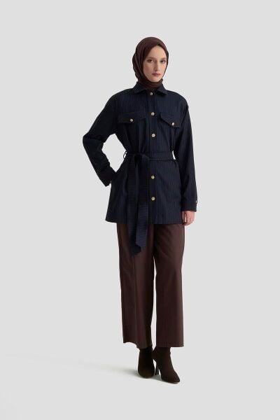 Armine 25KT511 Lacivert Kadın Gold Düğme Detaylı Belden Kuşaklı Çizgili Ceket