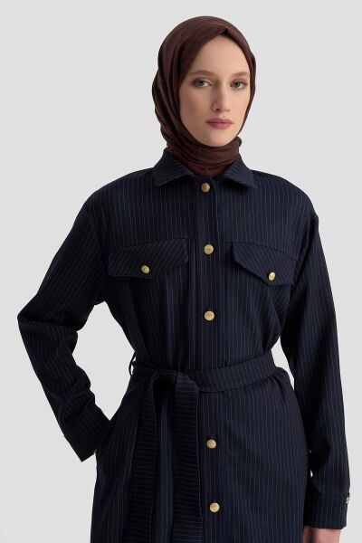 Armine 25KT511 Lacivert Kadın Gold Düğme Detaylı Belden Kuşaklı Çizgili Ceket