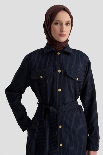 Armine 25KT511 Lacivert Kadın Gold Düğme Detaylı Belden Kuşaklı Çizgili Ceket