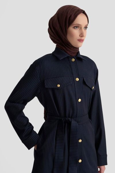Armine 25KT511 Lacivert Kadın Gold Düğme Detaylı Belden Kuşaklı Çizgili Ceket