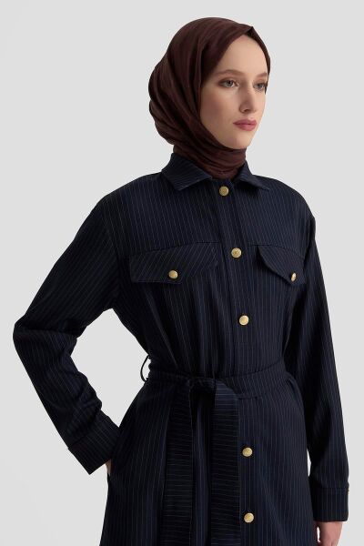 Armine 25KT511 Lacivert Kadın Gold Düğme Detaylı Belden Kuşaklı Çizgili Ceket