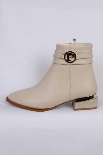 Pierre Cardin 54007 Hafif Topuklu Deri Yandan Fermuarlı Halhal Detaylı Krem Kadın Bot