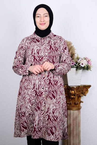 Ferace 8929-3 Vişne Kadın Rahat Kesim Büyük Beden Düğmeli Karşık Desenli Tunik