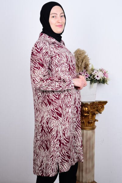 Ferace 8929-3 Vişne Kadın Rahat Kesim Büyük Beden Düğmeli Karşık Desenli Tunik