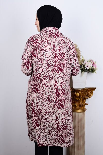 Ferace 8929-3 Vişne Kadın Rahat Kesim Büyük Beden Düğmeli Karşık Desenli Tunik