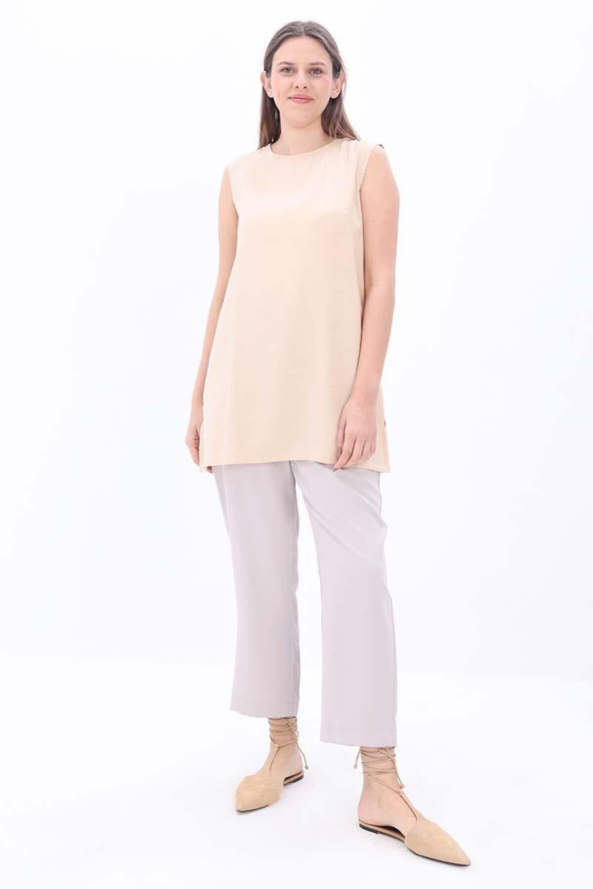 Allday BDX16021AL0 Bej Kadın Basic Sıfır Kollu İçlik Tunik