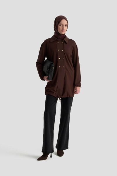 Armine 25KT422 Kahverengi Kadın Etek Ucu Lastikli Çıtçıtlı Gömlek Yaka Tunik