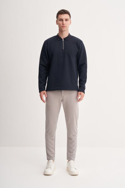 Cazador 53420 Lacivert Erkek Polo Yaka Yarım Fermuarlı Kendinden Desenli Sweatshirt