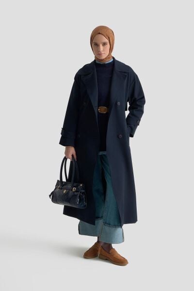 Armine 25KT802 Lacivert Kadın Kemerli Düğmeli Trençkot