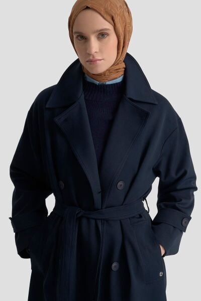 Armine 25KT802 Lacivert Kadın Kemerli Düğmeli Trençkot