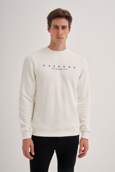 Cazador 52350 Ekru Erkek %100 Pamuk Önü Yazılı Slim Fit Sweatshirt