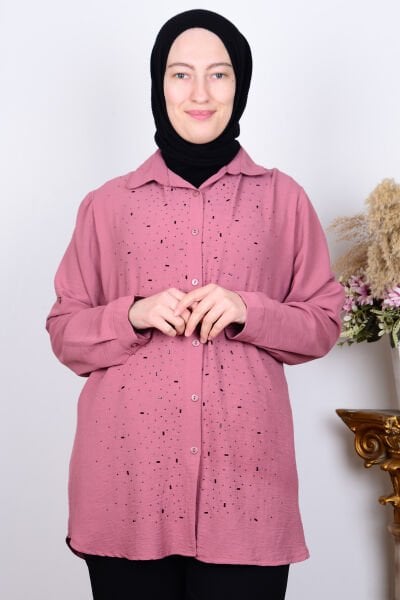 Ferace 8707 Pembe Kadın Rahat Kesim Taşlı Önü Düğmeli Kolları Katlamalı Gömlek