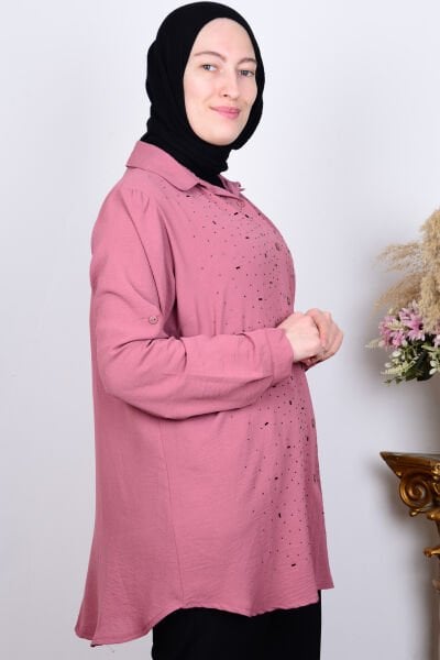 Ferace 8707 Pembe Kadın Rahat Kesim Taşlı Önü Düğmeli Kolları Katlamalı Gömlek