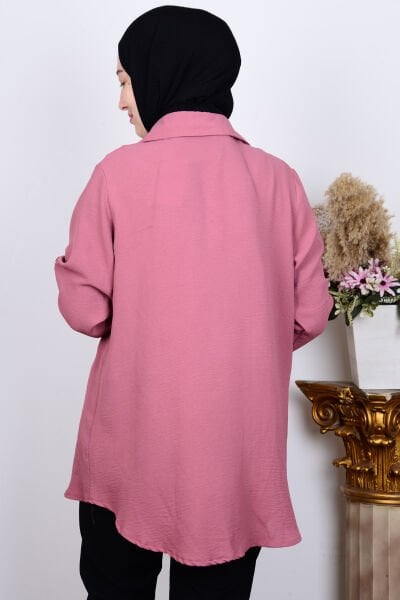 Ferace 8707 Pembe Kadın Rahat Kesim Taşlı Önü Düğmeli Kolları Katlamalı Gömlek