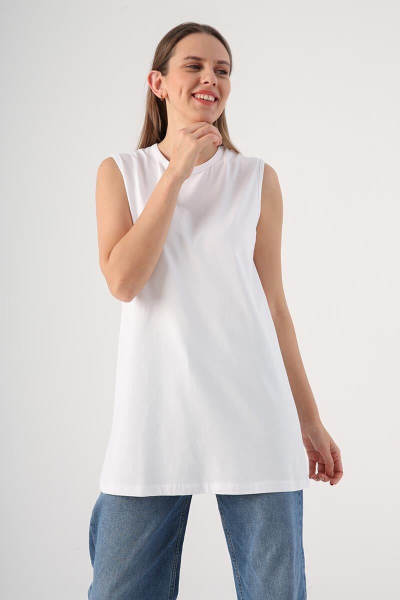 Allday BOX16008AL1 Beyaz Kadın %100 Pamuklu Kolsuz Kapama Tunik
