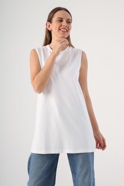 Allday BOX16008AL1 Beyaz Kadın %100 Pamuklu Kolsuz Kapama Tunik