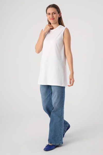 Allday BOX16008AL1 Beyaz Kadın %100 Pamuklu Kolsuz Kapama Tunik