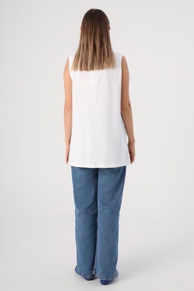Allday BOX16008AL1 Beyaz Kadın %100 Pamuklu Kolsuz Kapama Tunik