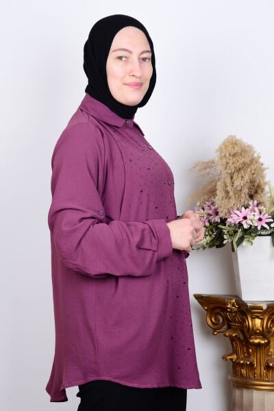 Ferace 8707 Mor Kadın Rahat Kesim Taşlı Önü Düğmeli Kolları Katlamalı Gömlek