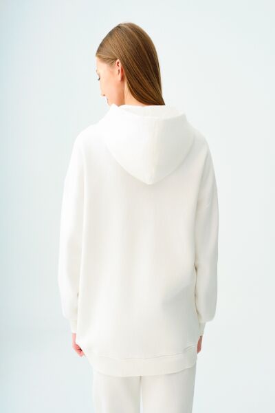 Loft 2038225 Ekru Kadın Kapişonlu İp Detaylı Boydan Fermuarlı Cepli Hırka Sweat