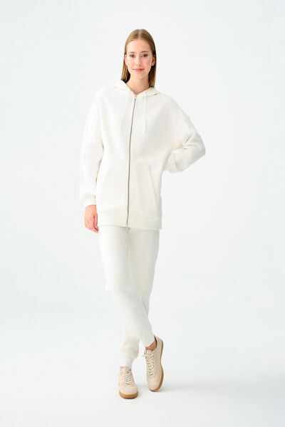 Loft 2038225 Ekru Kadın Kapişonlu İp Detaylı Boydan Fermuarlı Cepli Hırka Sweat