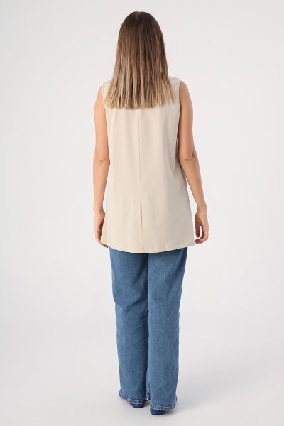 Allday BOX16008AL1 Taş Kadın %100 Pamuklu Kolsuz Kapama Tunik