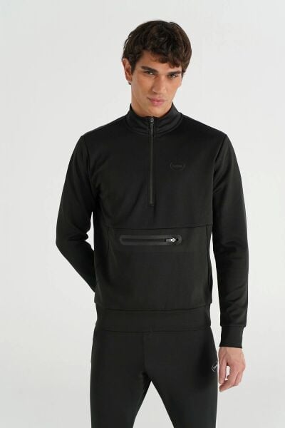 Hummel 922255-2001 Siyah Erkek Fermuar Boğazlı Gizli Kanguru Cep Detaylı Sporcu Sweat