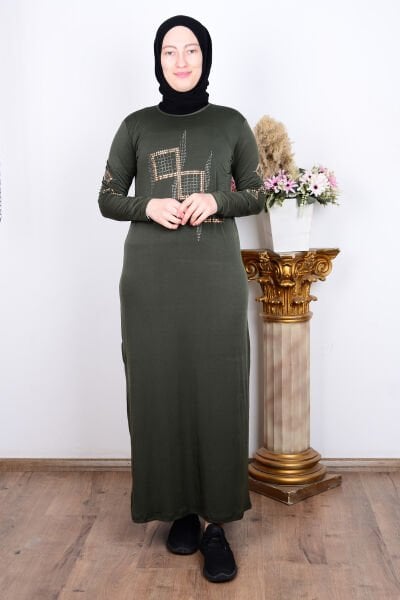 Ferace 8960 Haki Kadın Sandy Rahat Kesim Önü Ve Kolları Taşlı Elbise