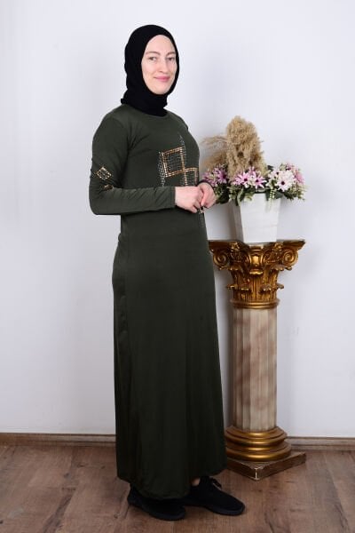 Ferace 8960 Haki Kadın Sandy Rahat Kesim Önü Ve Kolları Taşlı Elbise