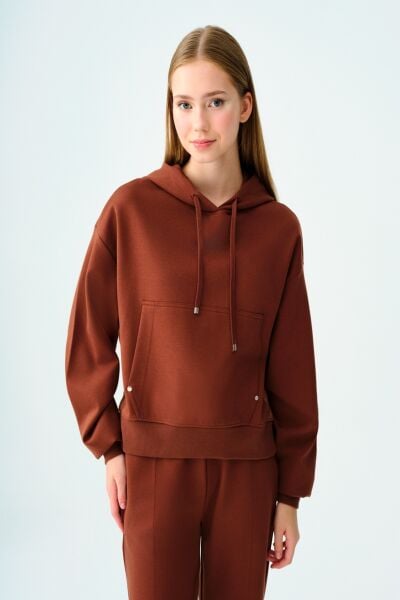 Loft 2038207 Kahverengi Kadın Kanguru Cepli Kapüşonlu İp Detaylı Sweat