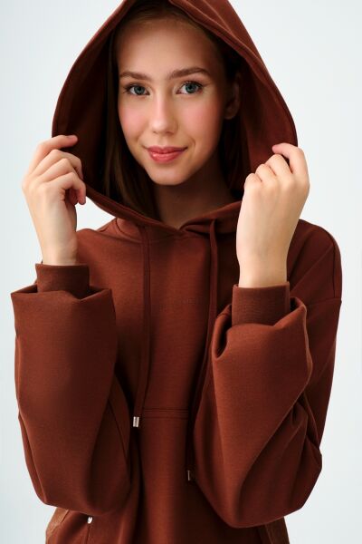 Loft 2038207 Kahverengi Kadın Kanguru Cepli Kapüşonlu İp Detaylı Sweat