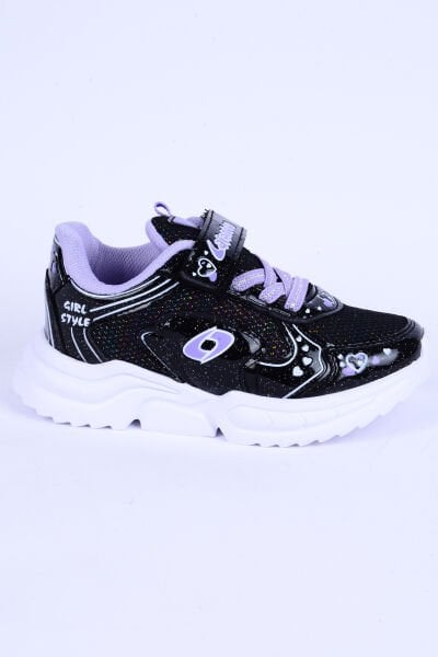 Lafonten 732 P Fileli Deri Detaylı Rahat Taban Esnek Hafif  Siyah-Mor Günlük Kız Çocuk Ayakkabı