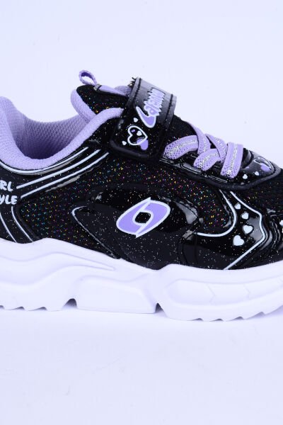 Lafonten 732 P Fileli Deri Detaylı Rahat Taban Esnek Hafif  Siyah-Mor Günlük Kız Çocuk Ayakkabı