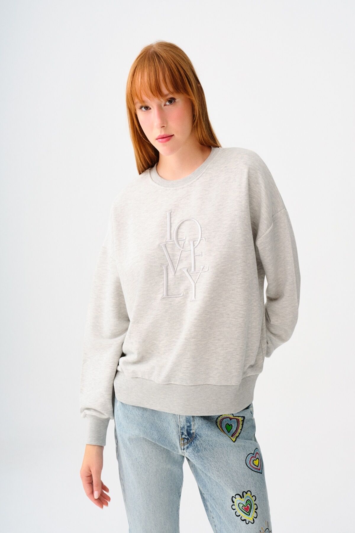 Loft 2038201 Gri Kadın Bisiklet Yaka LOVEY Baskılı 2 İplik Sweat