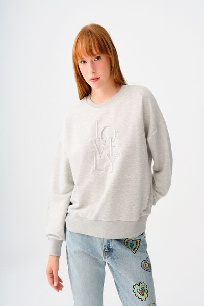 Loft 2038201 Gri Kadın Bisiklet Yaka LOVEY Baskılı 2 İplik Sweat